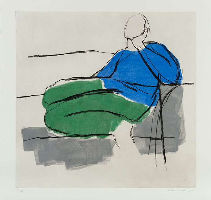 Blue and Green Sitting Figure 2014 drypoint on Chinese paper 73 x 73 cm